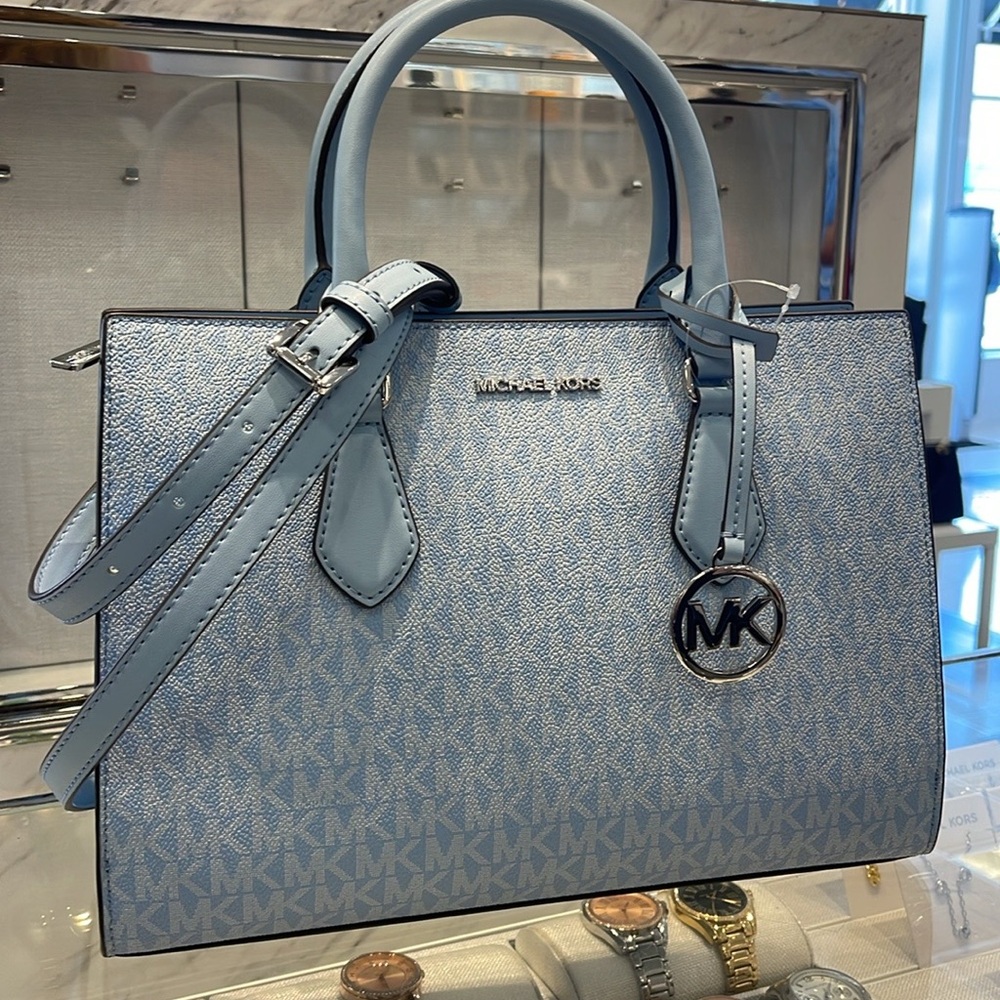 MICHAEL KORS Sheila Medium Logo CZ Satchel Crossbody Bag 
Light Sky
NWT - Picture 15 of 16